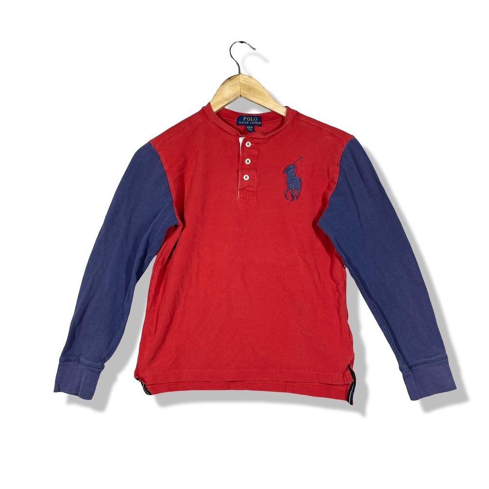 Polo Ralph Lauren Henley Shirt Kids M Red Blue Preppy Big Pony Long Sleeve‎